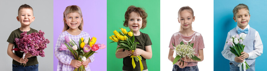 Cute children with bouquets of flowers on different color backgrounds. Collage of photos