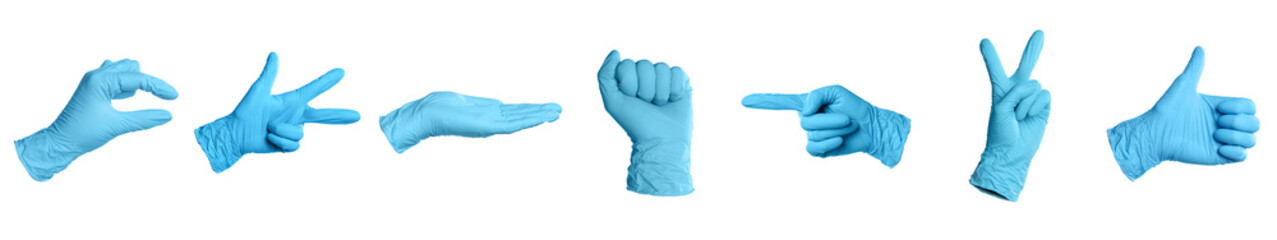 Nitrile medical gloves isolated on white, collage collage of gestures