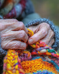 A close-up of an elderly person's wrinkled, experienced hands meticulously knitting a vibrant, multicolored yarn project, symbolizing tradition, patience, and the beauty of handmade crafts
