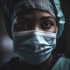 A powerful close-up portrait of a fatigued but determined healthcare worker, her intense eyes conveying resilience and dedication above her surgical mask