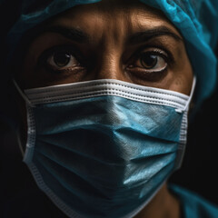 A powerful close-up portrait of a fatigued but determined healthcare worker, her intense eyes conveying resilience and dedication above her surgical mask