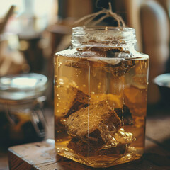 A close-up of a homemade fermentation process, with active bubbles rising in a golden liquid within a glass jar, creating a warm, artisanal feel