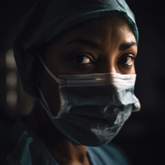 A powerful close-up portrait of a fatigued but determined healthcare worker, her intense eyes conveying resilience and dedication above her surgical mask