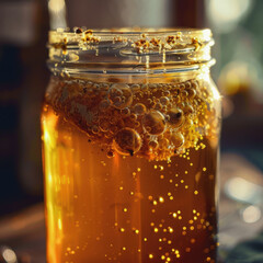A close-up of a homemade fermentation process, with active bubbles rising in a golden liquid within a glass jar, creating a warm, artisanal feel