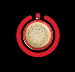Cup of coffee and circle combined into power symbol on black background, top view