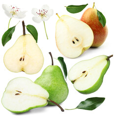 Fresh pears and green leaves on white background, collage