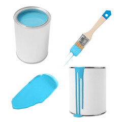 Light blue paint. Collage with cans and brush on white background