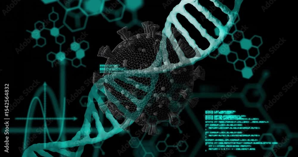 Poster at start dna helix drifting past wireframe virus scrolling code fading hexagons showing viral data