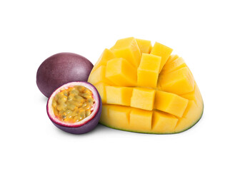 Fresh juicy mango cut in cubes and passion fruits isolated on white