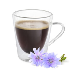 Chicory drink in glass cup and flowers isolated on white