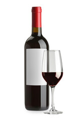 Luxurious red wine in bottle with blank label and glass isolated on white