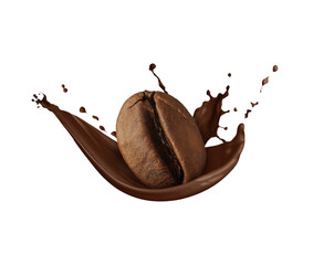 Roasted bean in coffee splash on white background