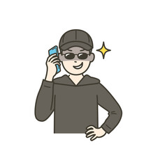 闇バイトで振り込め詐欺やオレオレ詐欺の電話をしている男の上半身イラスト
