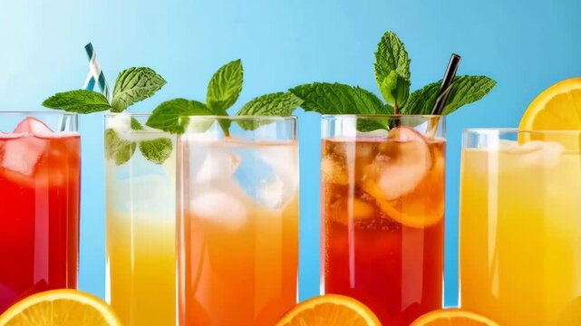 Vibrant row of refreshing fruit cocktails with ice cubes, garnished with mint leaves and colorful straws on bright blue surface