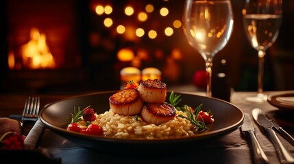 Seared scallops over creamy risotto, garnished with berries and herbs, served by a fireplace, elegant dining experience