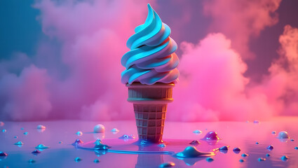 Surreal Cotton Candy Ice Cream Cone in a Dreamlike Pink and Blue Landscape