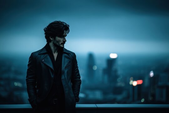 Melancholy figure on city rooftop at night