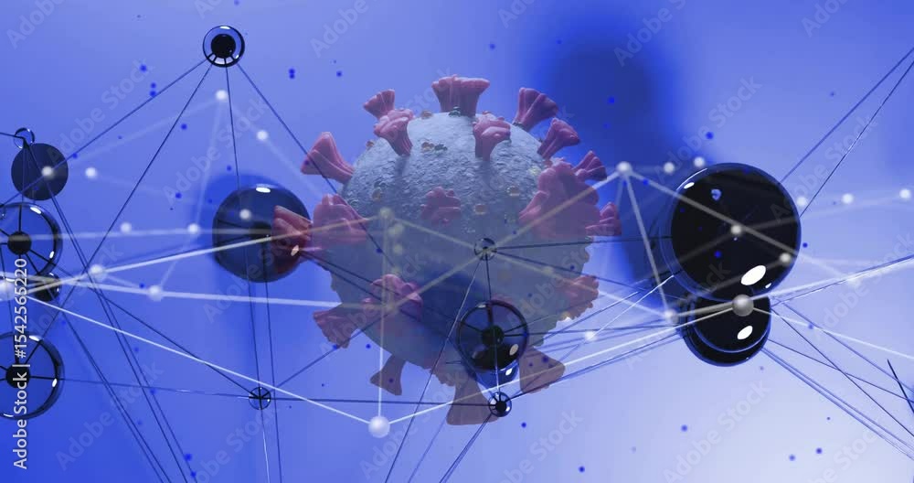 Aufkleber opening frame showing camera orbiting red-spiked virus sphere with pulsing nodes visualizing links