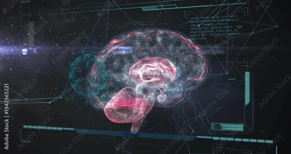 Poster pink holographic brain model appearing and rotating on dark hud panel demonstrating neural pathways