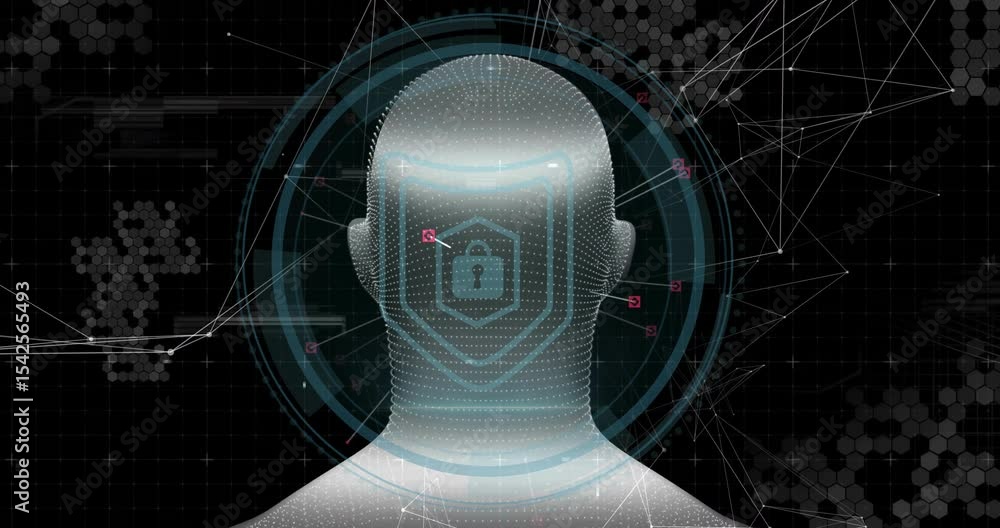 Poster after grid activation, translucent head mesh rotating while markers mapping features for id scan