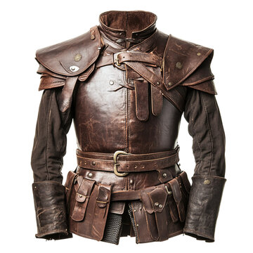 A medieval brown leather men arming doublet custom for war, isolated on transparent background cutout.