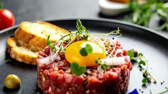 Elegant plate of steak tartare topped with vibrant egg yolk, garnished with herbs and served with grilled bread for a gourmet experience.