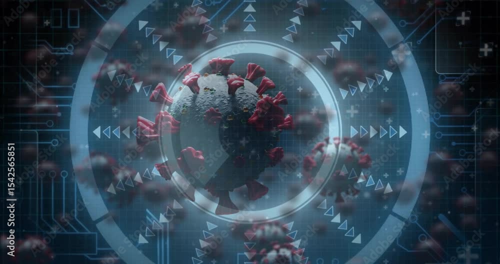 Poster camera moving, 3d virus particle rotating under scanning rings slicing interior and extracting data