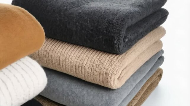 Neatly stacked and folded sweaters and knitwear in soft neutral colors creates cozy textile textures and patterns