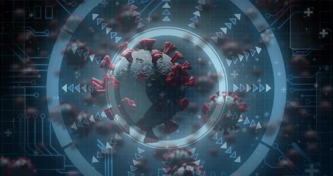 Camera moving, 3D virus particle rotating under scanning rings slicing interior and extracting data