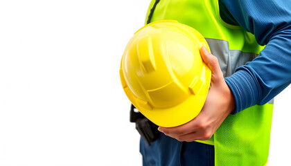 Fototapeta premium Safety officer holding hard hat isolated with white highlights, png. Highlighted by white