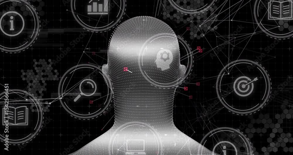 Poster pulsating dots forming contours initiating rotating 3d head representing data with floating icons