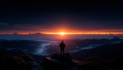 Silhouette of a person on a mountaintop at sunrise