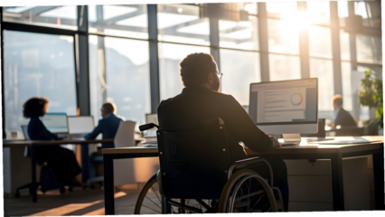 Man with disabilities in wheelchair working in office with colleagues, Disability Employment Awareness Month concept
