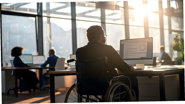 Man with disabilities in wheelchair working in office with colleagues, Disability Employment Awareness Month concept