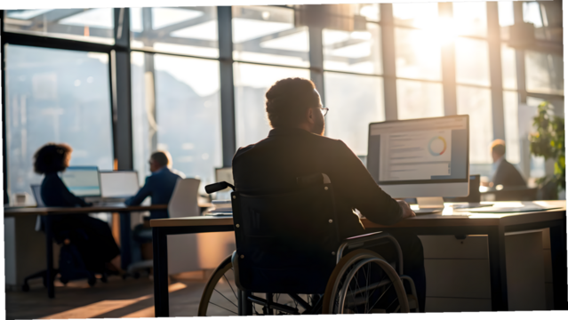 Man with disabilities in wheelchair working in office with colleagues, Disability Employment Awareness Month concept