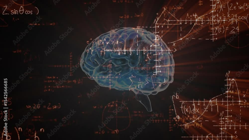 Poster dark opening with blue 3d brain rotating and formulas pulsing under orange rays visualizing math