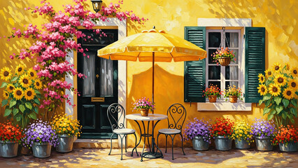 Obraz premium Charming Yellow Cottage with Flowers and Outdoor Bistro Set