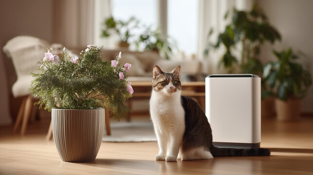 Quiet Air Cleaner Enhancing Home Comfort with Pets, suitable for marketing air purification systems, smart home devices, pet care products,advertising air purifiers, products for pet owners.