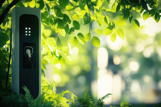 An electric vehicle charging station nestled amidst lush green foliage, promoting eco-friendly transportation and sustainable energy solutions in harmony with nature.