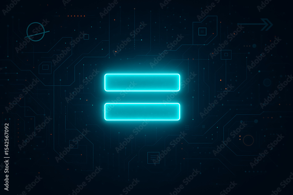Poster a glowing turquoise equals sign on a dark background with circuit board and geometric elements desig