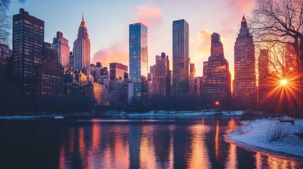 Fototapeta premium urban panorama showcasing a harmonious blend of towering skyscrapers and tranquil waters at dusk, reflecting the city's dynamism and natural beauty with colorful sky