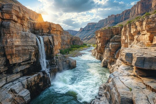 A scenic view of a waterfall cascading through a rocky canyon into a rapidly flowing river on a partly sunny day.