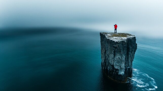 Solitary figure in red jacket stands atop a solitary rock in a misty sea