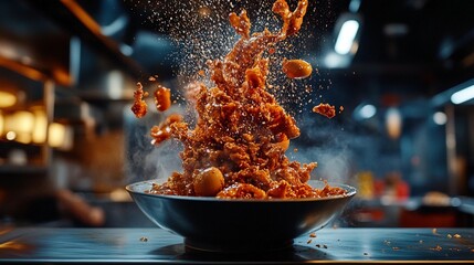 Spicy dish explodes from a bowl, steaming hot, with flying food pieces
