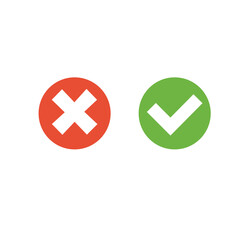 Vector illustration of red and green round buttons with cross and tick symbols. Accepted and denied. Yes and no.