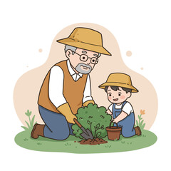 Grandpa planting with grandchild in garden during daytime  