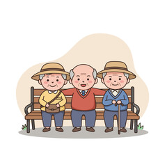 Three elderly friends sitting together on a park bench smiling  