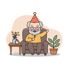 Elderly man celebrating retirement party at home while sitting on sofa  