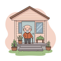 Senior man standing on porch with cane in front of house  