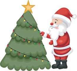 Cheerful Santa Decorating Festive Christmas Tree with Star